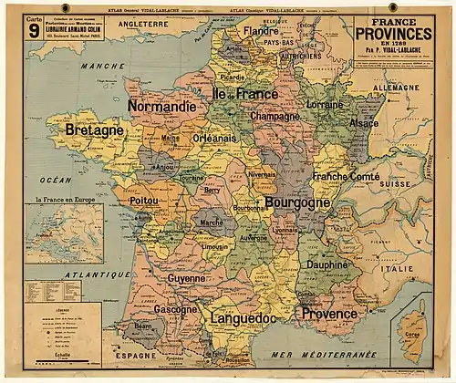 Territoires du royaume de France : départements français (1791) et les limites des anciennes provinces du royaume de France, par Vidal-Lablache.