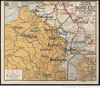 « France, frontière Nord-Est et Alsace-Lorraine » [carte militaire], par P. Vidal de La Blache, Armand Colin (Paris).