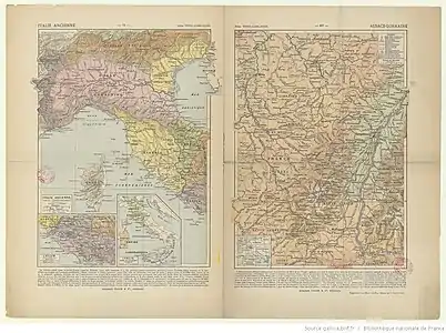 « Autriche-Hongrie. Italie ancienne » ; « Alsace-Lorraine », in: Atlas d'histoire et de géographie A. Colin (Paris), 1891.
