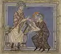 Réception de saint Omer et de son père Friulf à Luxeuil ; Vie de Saint Omer ; XIe siècle, shapitre de la Cathédrale ; Ms 698. Bibliothèque municipale de saint-Omer.