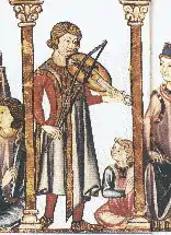Enluminure médiévale représentant un joueur de vièle.