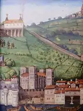 Miniature couleur montrant la colline de Fourvière, sur les pentes de laquelle une riche maison a été bâtie