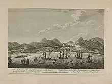Vue de Roseau sur l'île de la Dominique, James Peake et Lt. Archibald Campbell, 1761.