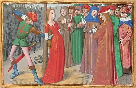 Jeanne d'Arc au bûcher de manière erronée, vers 1484Enluminure du manuscrit de Martial d'Auvergne(Les Vigiles de Charles VII)