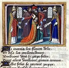Miniature couleur montrant un évêque portant mitre agenouillé devant un pape portant tiare, avec un groupe de personnage au centre.
