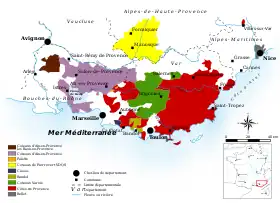 Carte des différentes appellations du vignoble de Provence.