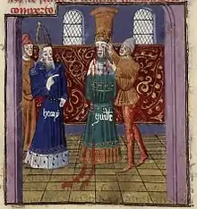 Enluminure montrant Guillaume III éborgné par un bourreau et accompagné d'un ecclésiastique coiffé d'une mitre