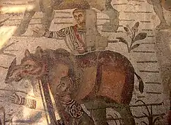 Rhinocéros, mosaïque de la Grande Chasse de la villa romaine du Casale, Sicile, Italie.