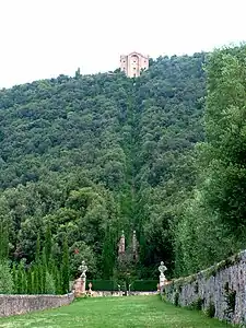 La vue de l'axe du jardin depuis la villa jusqu'au terminus de l'ermitage (Romitorio)