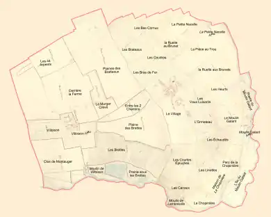 Vue d'un plan montrant la position et les noms des anciens hameaux et lieux-dits de la commune