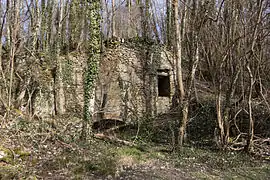 Vue des vestiges d'un ancien édifice en pierre de meulière dans un bois.