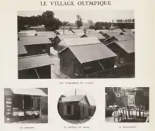 Un ensemble de quatre photos du village olympique aux Jeux olympiques d'été de 1924 à Paris. En haut, une photo du village vu d'un point en altitude ; en bas, la librairie, le bureau de poste et le restaurant.