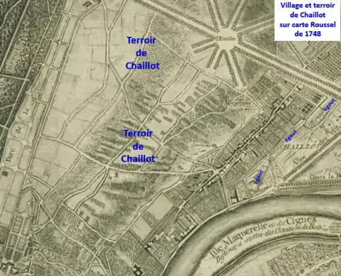 Village et terroir de Chaillot sur carte Roussel de 1748.