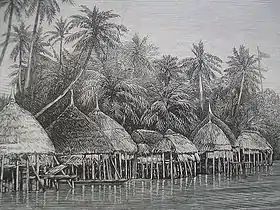 Dessin du Village de Mala sur la pointe Mayo de l'île Nancowry - 1870