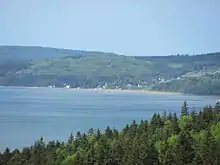 Photographie de plusieurs maisons dans une baie bordée de collines couvertes d'arbres