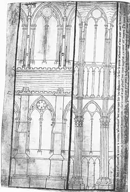 Élévations extérieur et intérieur de la nef de la cathédrale de Reims.