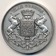 Médaille de la ville avec son blason, 53 mm, signée Dantzell 1862.
