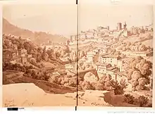 Vieille gravure de la Vallée des Usines surmontée de l'ancien-hôpital et du reste de la cité médiévale.