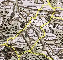 Vue en couleurs d'une carte ancienne où sont reportées les limites modernes d'une commune.