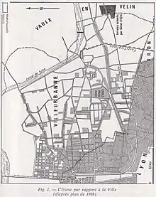 PlaPlan de Villeurbanne vers 1908. carte reproduite de la page 47 de l'article de Louis Chabertn de Villeurbanne vers 1908