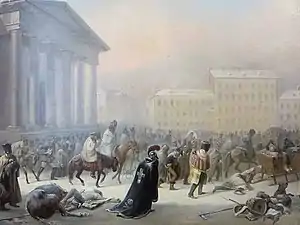 Les restes de la Grande Armée arrivant à Vilnius, toile de Georg Wilhelm Timm (1820–1895).