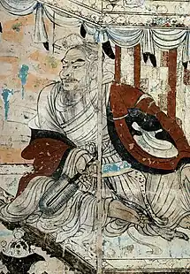 Modelé par le drapé, et nuances de couleurs. Détail d'une peinture murale de la grotte 103 de Mogao (Dunhuang), représentant un débat entre Vimalakirti et le bodhisattva Manjushri