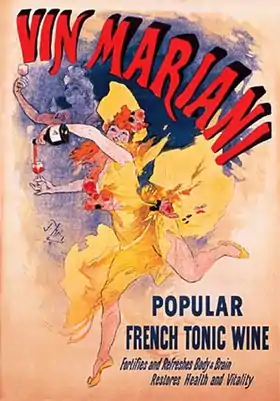 Affiche publicitaire pour la commercialisation du vin Mariani à l'étranger, lithographie de Jules Chéret, 1894.