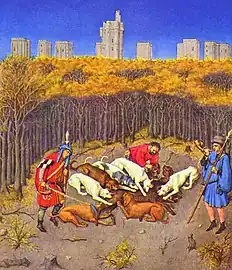 Miniature des Très Riches Heures du duc de Berry montrant le bois et le château de Vincennes.