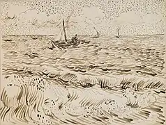 Bateaux de pêche aux Saintes-Maries, encre et crayon.