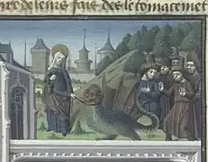 Marthe et la Tarasque, détail de la partie supérieure du folio 340v, Manuscrits Français 50 de la BNF, Vincentius Bellovacensis, Speculum historiale (XVe siècle).