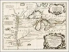 Gravure représentant une carte des Pays d'en haut en Nouvelle-France par Vincenzo Coronelli en 1688.