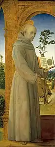 Peinture d'un homme vu en pied, vêtu en moine et la tête auréolée.