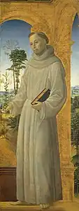Peinture d'un homme vu en pied, vêtu en moine et la tête auréolée.