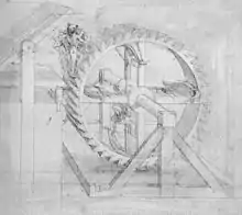 Dessin au crayon représentant une grande roue fixe mue par des hommes et au sein de laquelle sont fixées quatre arbalètes.