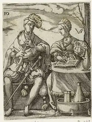 4. Les deux musiciens, vers 1545, estampe, 58 × 46 mm, no 10 de la série Danseurs et musiciens, Rijksmuseum, Amsterdam.