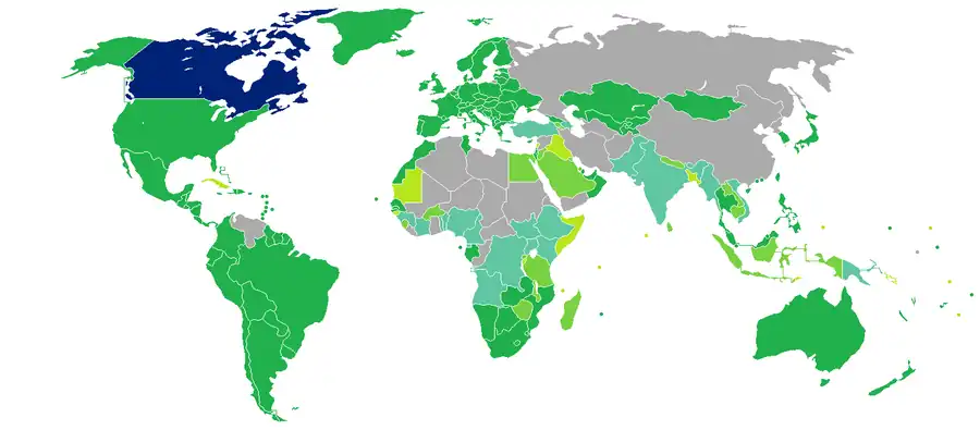 Carte du monde décrivant les formalité d’entrée des Canadiens dans les autres pays, tel que décrit dans la légende