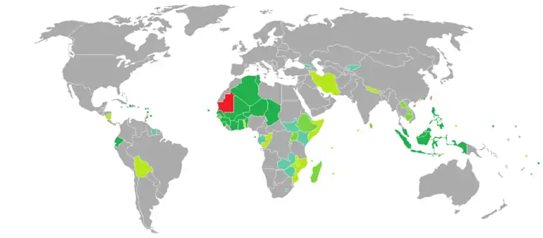 Carte des pays requérant (ou non) un visa