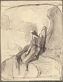 Estampe de Marcel Roux. Aquarelle représentant une femme enchaînée à un poteau dans un paysage rocheux