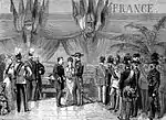 Visite de l'exposition internationale de Bruxelles par le roi Léopold II de Belgique et la reine Marie-Henriette le 27 septembre 1876.