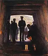 Peinture de l'empereur visitant une mine d'argent dans la préfecture d'Akita en 1881.