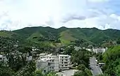 Vue d'un paysage de montagnes arborées, au premier plan des immeubles blancs