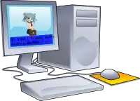 Représentation d'un visual novel joué sur un ordinateur personnel fixe avec Wikipe-tan.