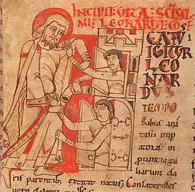 Saint Léonard délivre deux prisonniersVita et miracula sancti Leonardi, Confessoris (XIIIe siècle)BnF Ms. Latin 5134