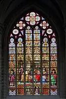 L'un des vitraux de la légende du Saint-Sacrement : scène de la profanation des hosties par des Juifs en 1370 - œuvre de Jean-Baptiste Capronnier.