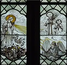 Vitrail latéral nord de la nef : apparition de Notre-Dame de Fátima du 13 octobre 1917. Les trois enfants Lucie, Jacinthe et François voient saint Joseph avec le Christ.