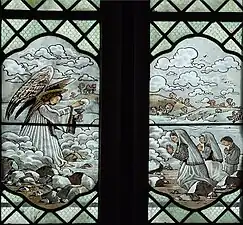 Vitrail latéral nord de la nef : apparition de l'ange aux trois enfants Lucie, Jacinthe et François en septembre 1916 lorsqu'il leur donne la communion au Corps du Christ.