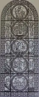Carton d'un vitrail placé dans une verrière romane à cinq médaillons entourés de bordures.