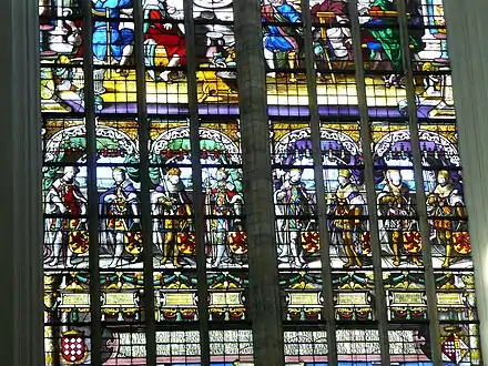 Vitraux de l'église de Hoogstraeten - Lalaing Culemborg; en bas à droite on reconnait les armes d'Elisabeth de Culemborg.