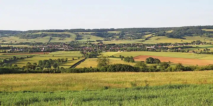 Vitteaux, en arrière-plan Cessey-lès-Vitteaux, montagnes de Chardon à gauche et de Come-Chaloir à droite (vue depuis la côte de Vesvres).