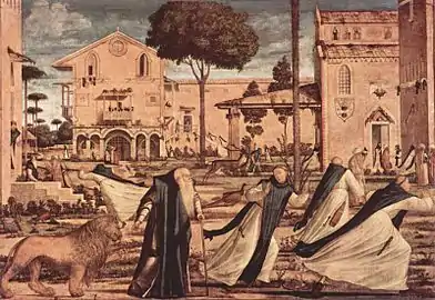 Saint Jérôme conduisant au monastère le lion blessé